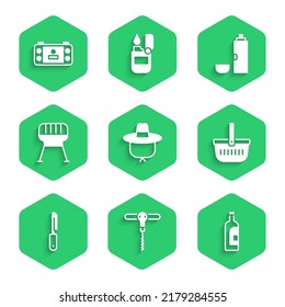 Set Camping hat, Wine corkscrew, Bottle of wine, Picnic basket, Knife, Barbecue grill, Thermos container and Portable video game console icon. Vector