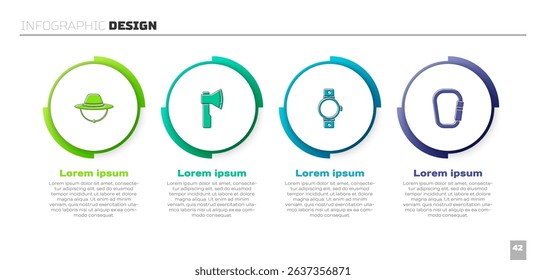 Set Camping hat, Wooden axe, Smartwatch and Carabiner. Business infographic template. Vector