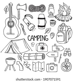 Set of camping and hiking elements in doodle style. Picnic, travel accessories and equipment. Hand drawn vector illustration isolated on white background.