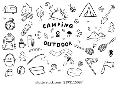 Set of camping and hiking elements in doodle style. Picnic, travel accessories and equipment. Hand drawn vector illustration isolated on white background.