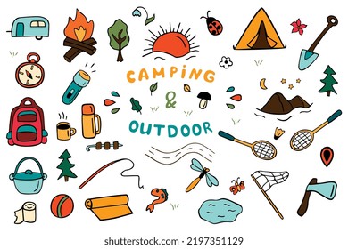 Set of camping and hiking elements in doodle style. Picnic, travel accessories and equipment. Hand drawn vector illustration isolated on white background.