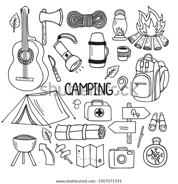 Set of camping and hiking elements\
in doodle style. Picnic, travel accessories and equipment. Hand\
drawn vector illustration isolated on white\
background.