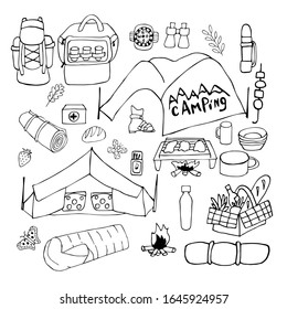 Set camping and hiking elements, isolated on white background. Cute background full of icons perfect for summer camp flyers and posters. Outlined vector illustration. Hand drawn. Doodle style
