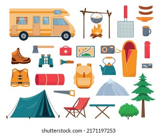 Set of Camping and hiking equipment on white background. Big collection of elements or icons for Sports, adventures in nature, recreation and tourism concept design. Vector illustration.