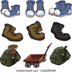 set of camping and hiking equipment, outdoors adventure, recreation tourism. Isolated items needed in the journey.