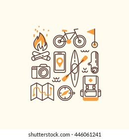 Set of camping and hiking equipment. Travel icons collection. Vector illustration.