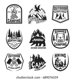 Set of camping, hiking, mountains, outdoor emblems, badges and design elements. Vector illustration