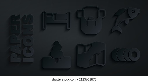 Set Camping And Hiking On Map, Fish, Tree, Blanket Roll, Hiking Backpack And Bed Icon. Vector
