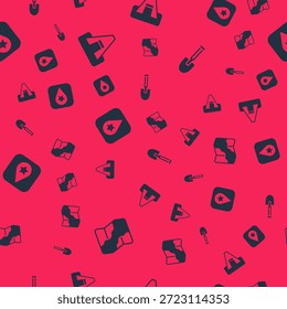 Set Camping and hiking on map, Tourist tent, Location for camping and Shovel on seamless pattern. Vector