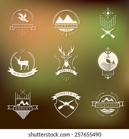 Set of camping and  hunting logos. Mountain camp,fishing, deer hunting, shooter's club labels, badges. 