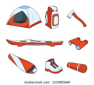 Set of Camping Icon. Concept for Outdoor and Hike Trip. Stuff for Survival. Cartoon Style. Travel Symbol, Logo, Icon and Badge. Simple Vector illustration.