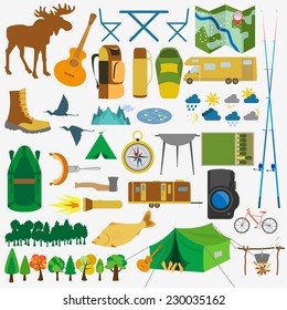 Set camping icon, hiking, outdoors. Vector illustration