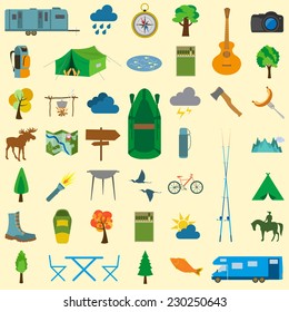 Set camping icon, hiking, outdoors. Vector illustration
