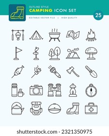 Set of Camping Icon Outline Style. Tent, Fire, Cook, Nature.