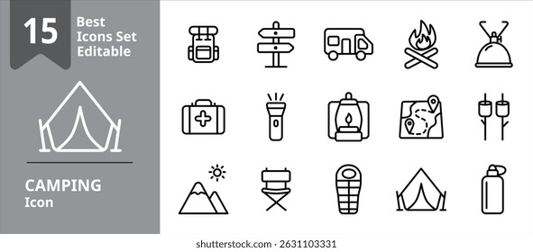 Set of Camping icons. Icons Contains backpack, camp signage, campfire, tent, water bottle, etc . Design elements for you projects.