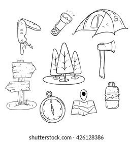 Set of Camping Icons or Elements With Black and White Color