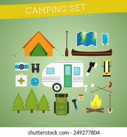 Set of Camping icons and elements. Mountain camp explorer badges. Outdoor adventure symbols. Travel infographics and hipster color insignias. Wilderness Vector equipment - RV, canoe, tent, bonfire.