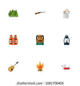 Set of camping icons flat style symbols with lighter, forest, bonfire and other icons for your web mobile app logo design.