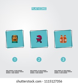 Set of camping icons flat style symbols with backpack, life vest, bbq and other icons for your web mobile app logo design.