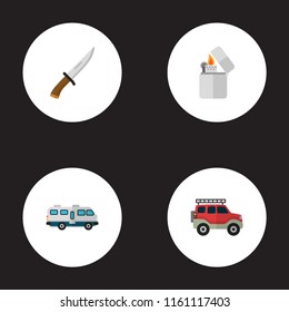 Set of camping icons flat style symbols with lighter, knife, camper van and other icons for your web mobile app logo design.