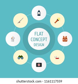Set of camping icons flat style symbols with binoculars, life vest, medicine chest and other icons for your web mobile app logo design.