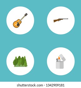 Set of camping icons flat style symbols with forest, guitar, lighter and other icons for your web mobile app logo design.