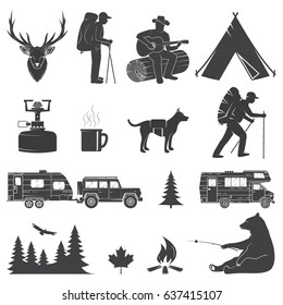 Set Of Camping Icons Isolated On The White Background. Vector Illustration. Set Include Rv Trailer, Camping Tent, Man With Guitar, Dog, Bear And Forest Silhouette.