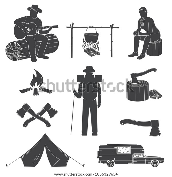 Set of Camping icons isolated on the white\
background. Vector illustration. Set include camping tent,\
campfire, bear, man with guitar, pot on the fire, girl with cup of\
tea and forest silhouette.