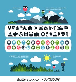 Set of camping icons and landscape banners in flat style. Mountain and forest locations