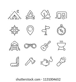 Set of camping icons, line style. For your design, logo. Vector illustration.