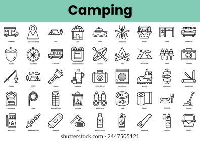Set of camping icons. Linear style icon bundle. Vector Illustration