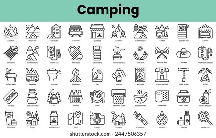 Set of camping icons. Linear style icon bundle. Vector Illustration