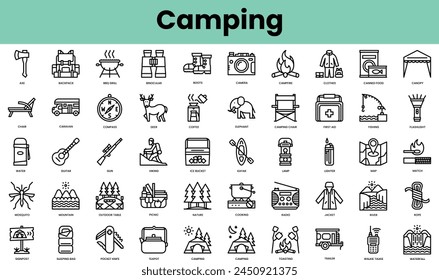 Set of camping icons. Linear style icon bundle. Vector Illustration