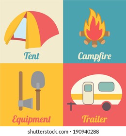 Set of camping icons for outdoor activities: campfire, marshmallow, fishing rod and gathering. Flat design vector illustration