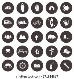 Set of camping icons. Outdoor activity simbols drawn in detailes in vector. Tent, trailer, camper, sleeping bag, fire, grill, mountain, forest, bear, fish. 