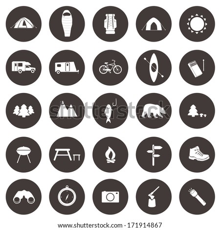 Set of camping icons. Outdoor activity simbols drawn in detailes in vector. Tent, trailer, camper, sleeping bag, fire, grill, mountain, forest, bear, fish. 