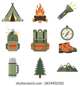 Set of camping icons with tent campfire flashlight backpack compass boots thermos tree and mountains for outdoor adventure travel and hiking design projects
