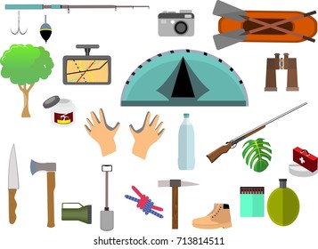 Set of camping icons, vector flat elements.