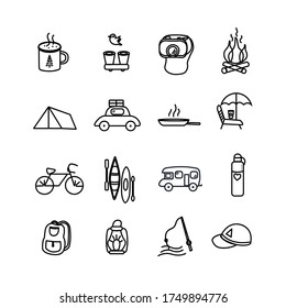 Set of camping icons.  Vector illustration in line art style. 