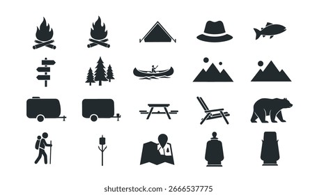 Set of camping icons in vector style featuring mountains, sun, and travel symbols for illustration and design purposes
