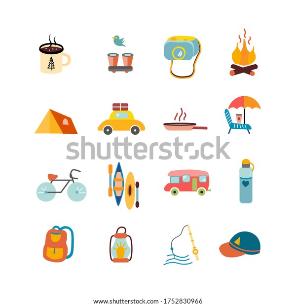 Set of camping\
icons in vintage style. Camping and outdoor recreation elements,\
isolated on white\
background.