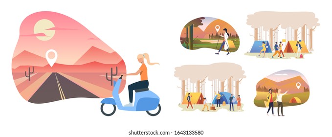 Set of camping illustrations. Flat vector illustrations of people enjoying hiking, Nordic walking, playing guitar outdoors. Activity concept for banner, website design or landing web page