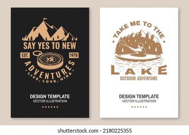 Set of camping inspirational quotes. Vector. Concept for flyer, brochure, banner, poster. Vintage typography design with compass, man in canoe, lake and mountain silhouette.