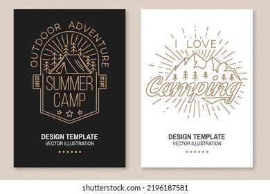 Set of camping inspirational quotes. Vector illustration. Flyer, brochure, banner, poster line art typography design with sunburst, camper tent and forest silhouette. Camping quote.