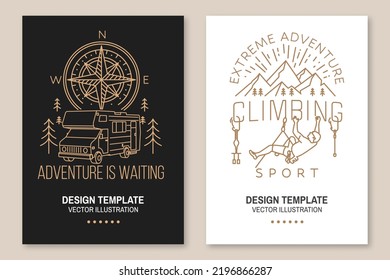 Set of camping inspirational quotes. Vector. Flyer, brochure, banner, poster line art typography design with climber, carabiners, climbing cams, hexes, compass, camper rv and forest silhouette.