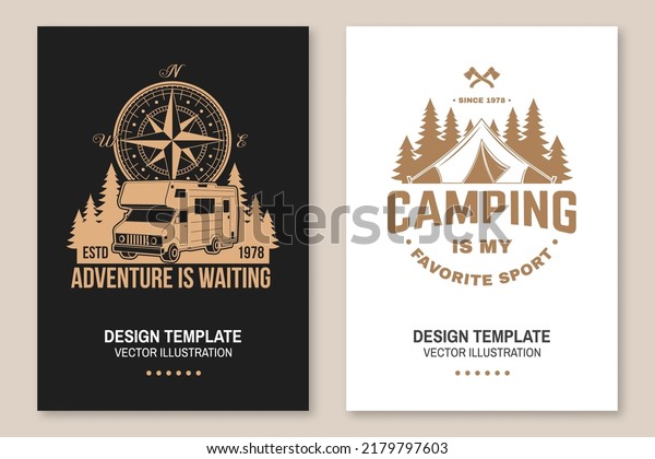 Set of camping inspirational quotes. Vector.\
Concept for flyer, brochure, banner, poster. Vintage typography\
design with compass, camper rv, camper tent, forest and mountain\
silhouette.
