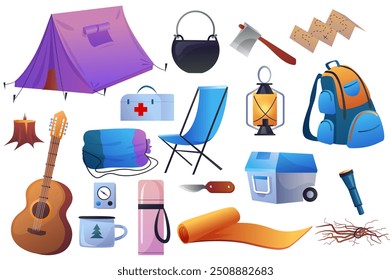 Set of camping items in flat cartoon design. An assortment of camping items including a purple tent, first aid kit, guitar, lantern, backpack, and other outdoor essentials. Vector illustration.