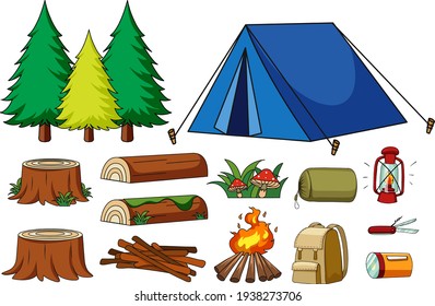 Set of camping items isolated illustration