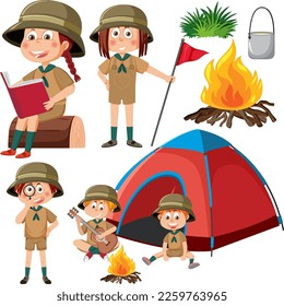 Set of camping kids cartoon character illustration
