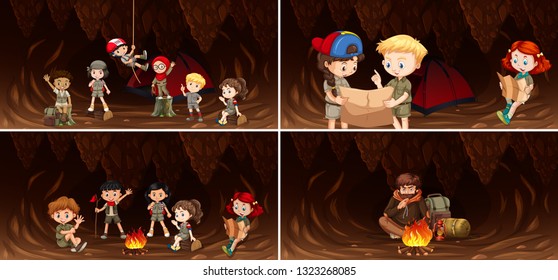 Set of camping kids in cave illustration